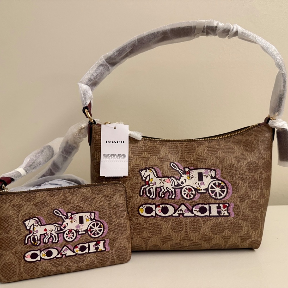 Coach Shoulder Bag Signature Canvas Leather Horse Carriage Print with Wallet - Picture 2 of 9